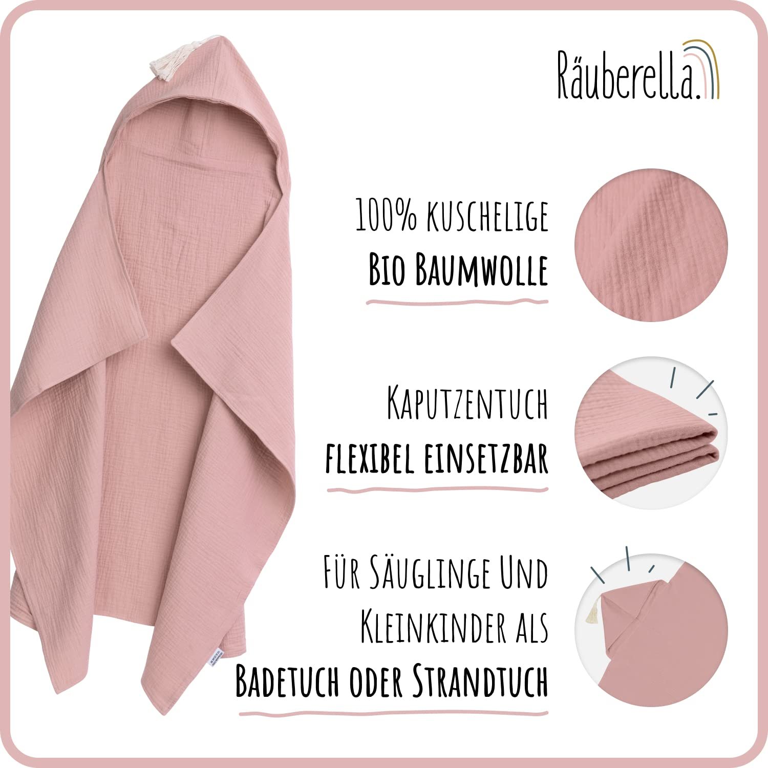 Рушник з капюшоном Räuberella® для малюка, 75 x 100 см, мусліновий рушник для ванни, виготовлений зі 100% органічної бавовни, абсорбуючий дитячий рушник з капюшоном, набір рушників для ванни, включаючи упаковку та картку, рожевий, фото №5