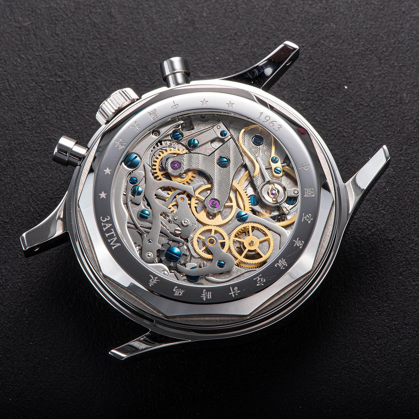 Чоловічі годинники Seagull 1963 SU1963BNX 38 мм хронограф пілота ST1901 сапфірове скло додатковий коричневий шкіряний ремінець зелений, фото №7