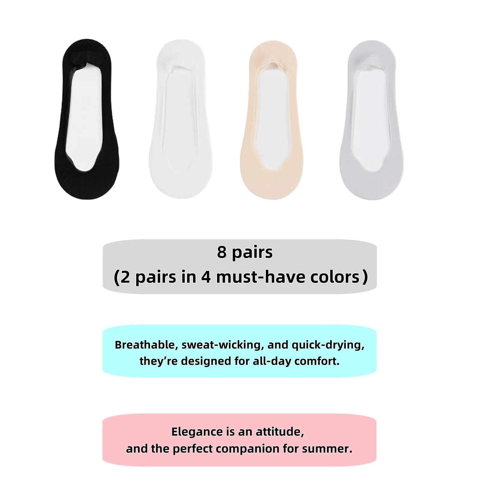 Женские носки-подследники 8 пар Белый, бежевый, серый и черный размер 38 - 42, фото №2