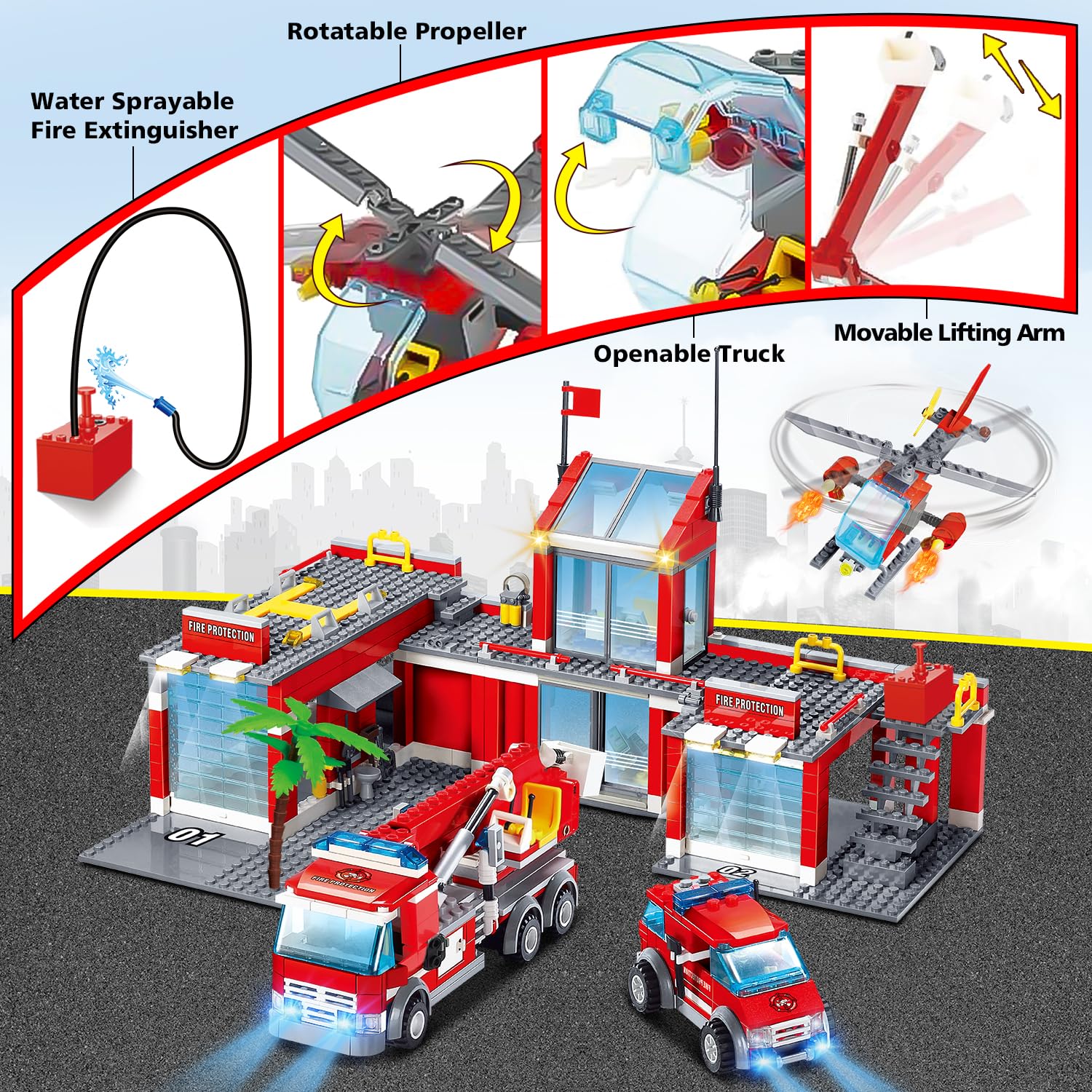 Іграшка HOGOKIDS City Fire Station Набір будівельних цеглинок — 775 деталей Гелікоптер для пожежної рятувальної служби Швидка Допомога Пожежна Машина Набір будівельних цеглинок Подарунок для дітей хлопчиків та дівчаток віком від 6 років, фото №6