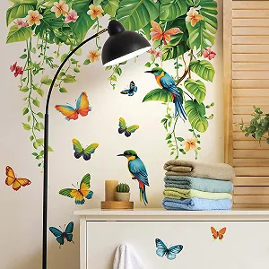 Настінна наклейка Листя та рослини Зелене тропічне листя Квіти Птахи Метелики synthetic.ua - Фото 1