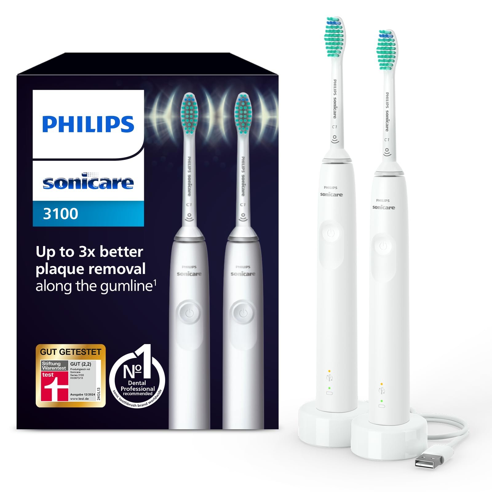 Зубна щітка електрична Philips Sonicare 3100 HX3675/13 звукова, контроль тиску, таймер, біла, 2 шт., фото №1
