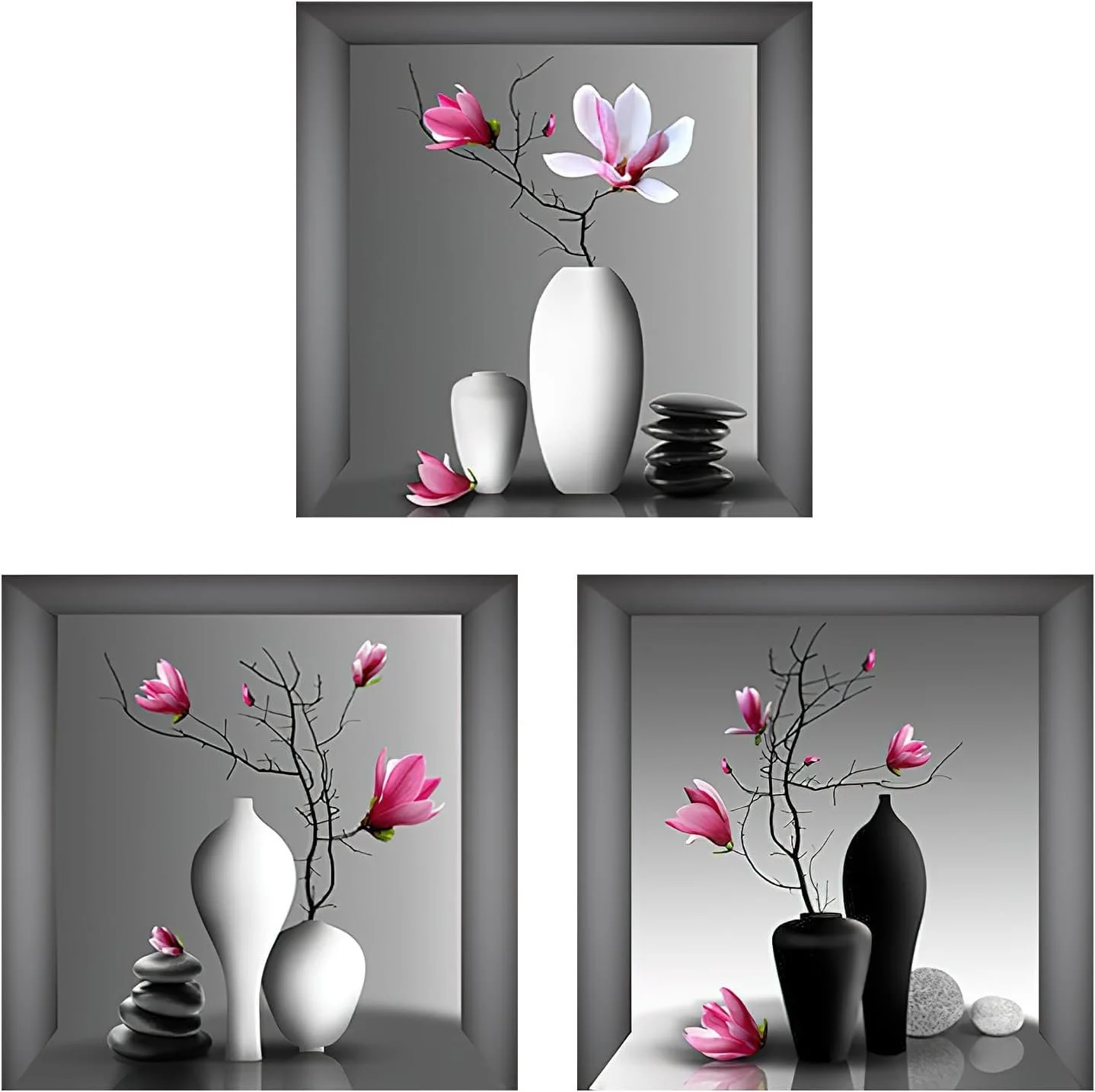 Наклейки на стіну UOCAI 3 штуки 3D Ваза з квітами 30 x 30 см, фото №1