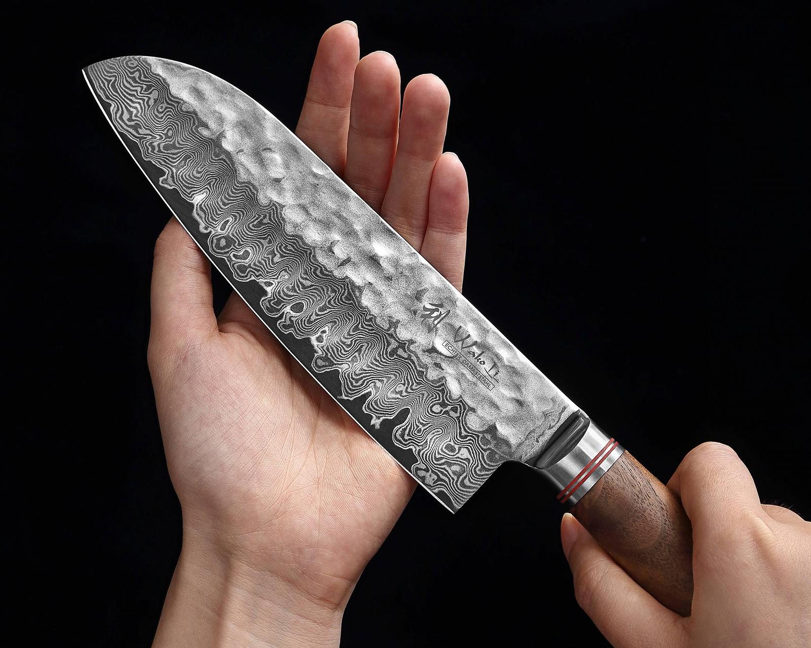 Набір ножів Wakoli Walnut Exclusive, 3 шт. Ніж сантоку, Малий ніж сантоку, Офісний ніж, Дамаська сталь, Горіх, фото №4