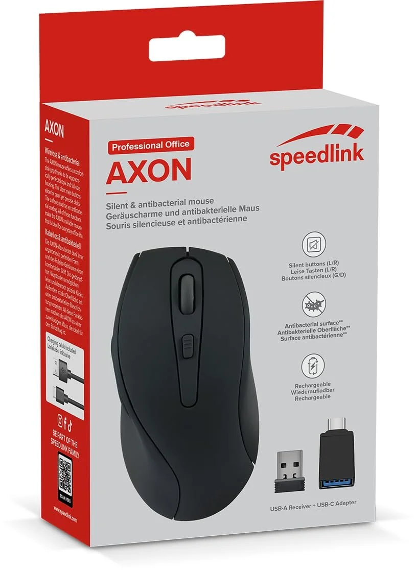 Мышь Speedlink AXON Silent Wireless, беспроводная, тихий клик, аккумулятор USB-C, антибактериальная поверхность, прорезиненная, эргономичная, 2,4 GHz, до 1600 dpi, черная, фото №7 Мышь Speedlink AXON Silent Wireless, беспроводная, тихий клик, аккумулятор USB-C, антибактериальная поверхность, прорезиненная, эргономичная, 2,4 GHz, до 1600 dpi, черная, фото №7