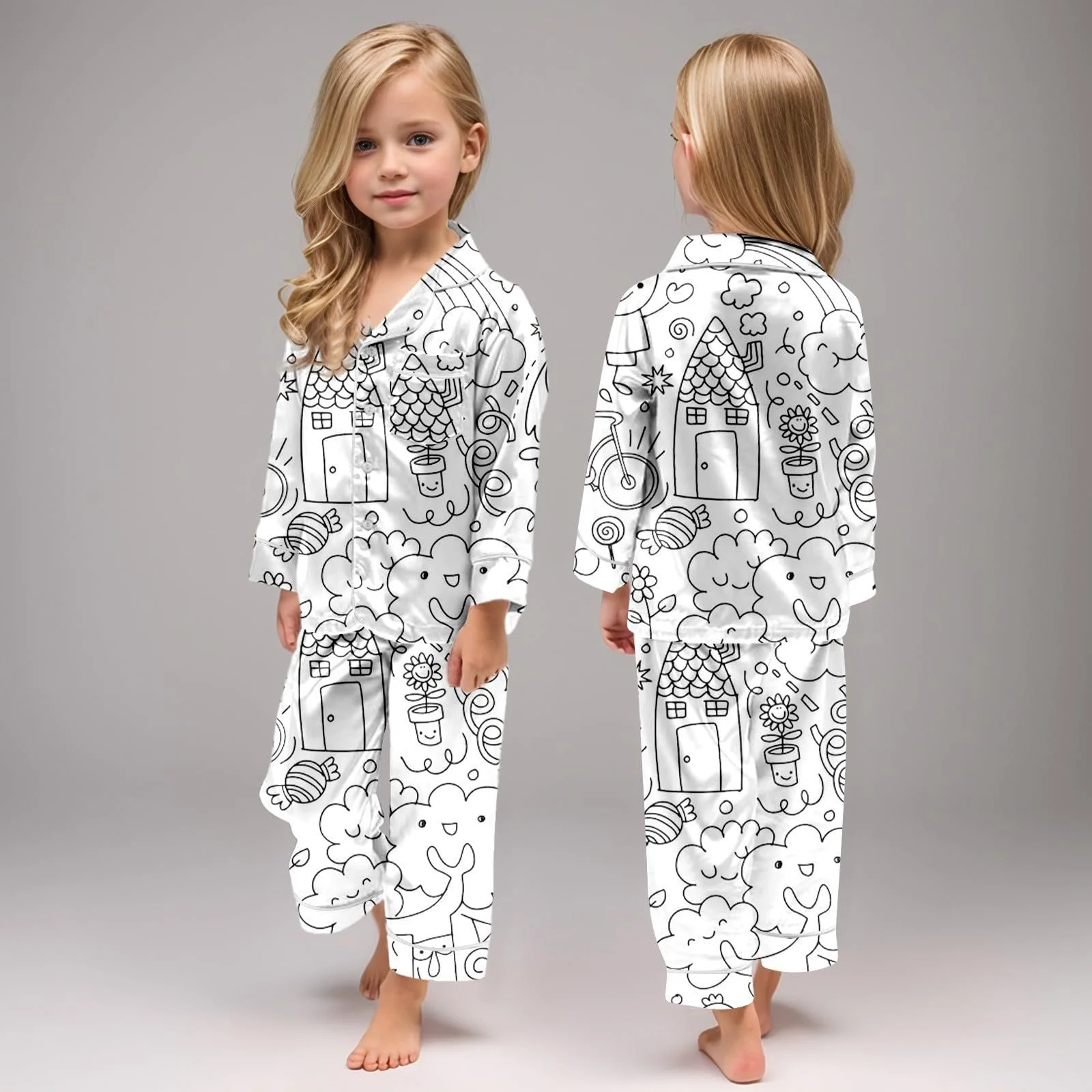Піжама для розмальовування дитяча, зимовий домашній костюм, комплект з двох предметів, біла, з мультяшним принтом, фото №4 Піжама для розмальовування дитяча, зимовий домашній костюм, комплект з двох предметів, біла, з мультяшним принтом, фото №4