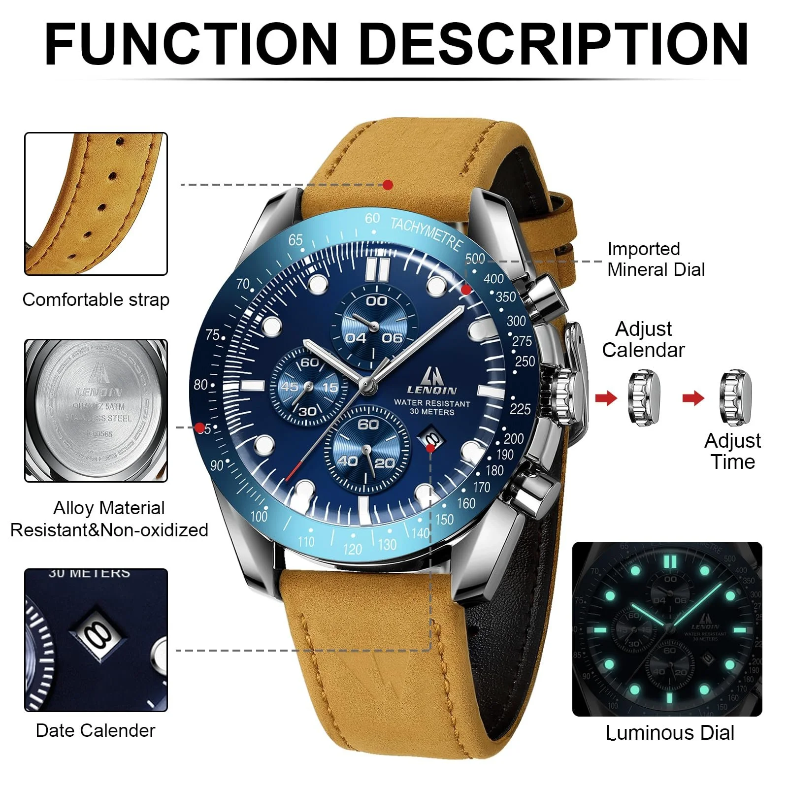 Мужские аналоговые кварцевые часы LENQIN LN, водонепроницаемость 30 м, с датой, повседневные, фото №6 Мужские аналоговые кварцевые часы LENQIN LN, водонепроницаемость 30 м, с датой, повседневные, фото №6