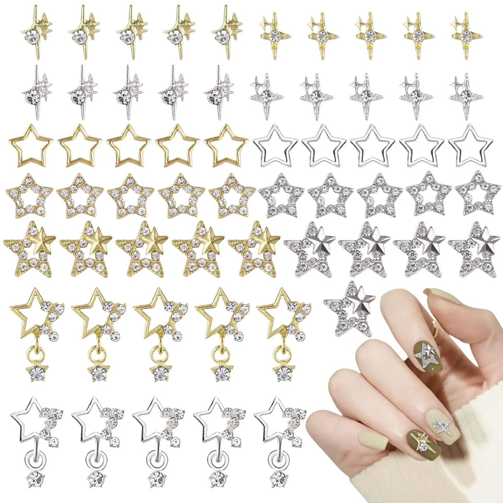 Украшения для ногтей Звезды Серебро Золото, 60 шт, фото №1
