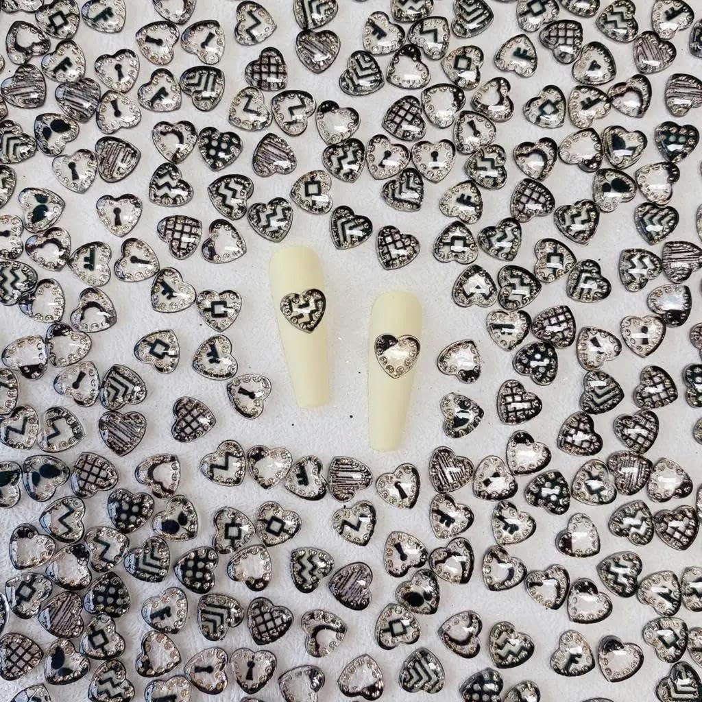3D Подвески для ногтей 8 мм, 30 шт, в форме сердца, прозрачные с черным узором, фото №3