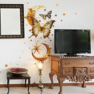 Наклейка на стіну Метелик Місяць Зірка Водонепроникна Вінілова Знімна Золота synthetic.ua - Фото 1