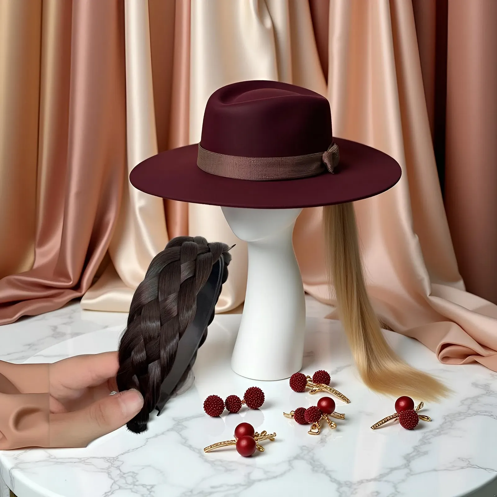 Обруч плетений з широкими полями проста з косою у хвості Чорно-коричневий, фото №2 Обруч плетений з широкими полями проста з косою у хвості Чорно-коричневий, фото №2