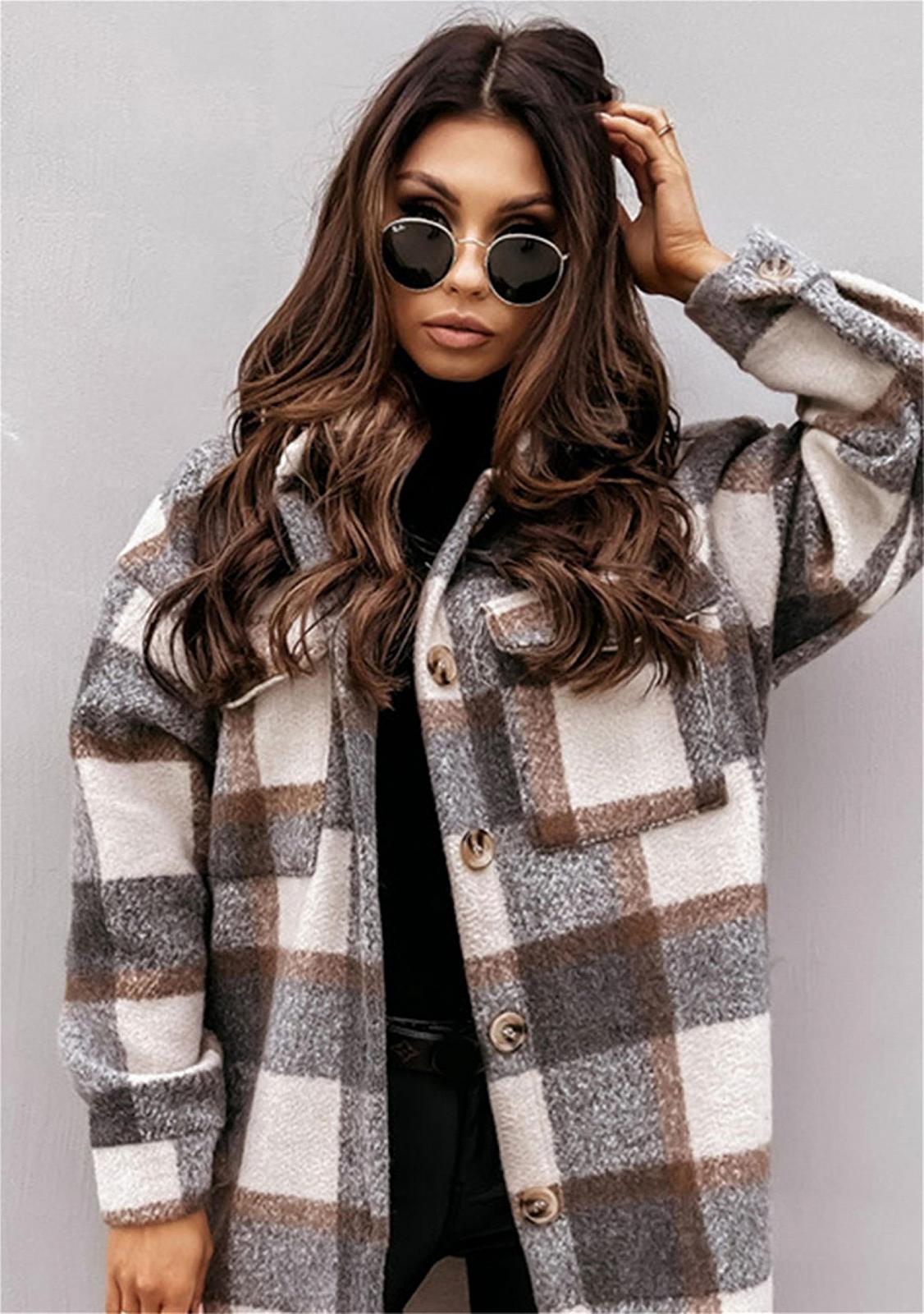 Пиджак Yming Женский Длинный с лацканами Винтажный в клетку с карманами, фото №2