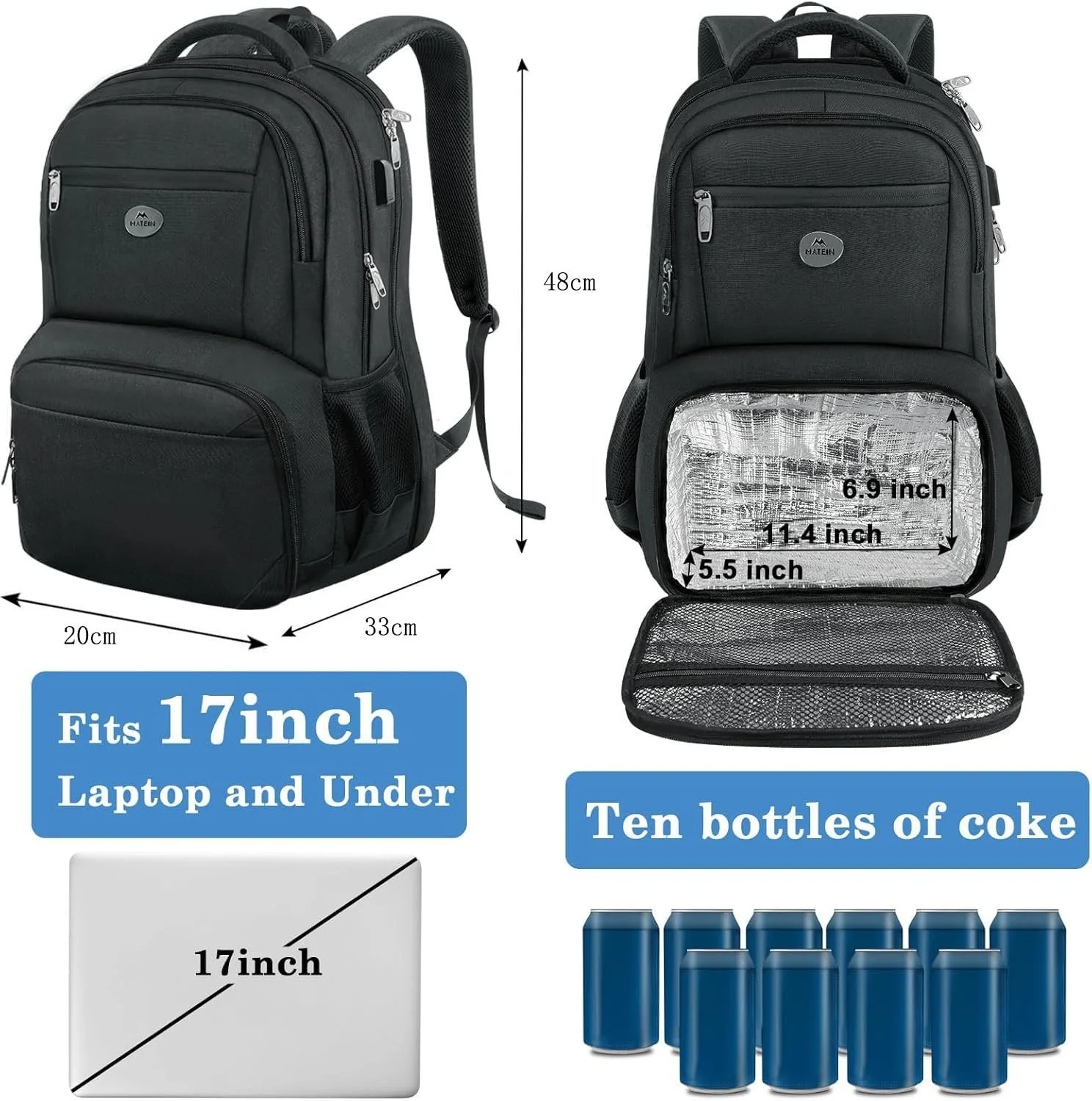 Рюкзак для ноутбука MATEIN 17" Cooling Compartment USB TSA Friendly Black, фото №4 Рюкзак для ноутбука MATEIN 17" Cooling Compartment USB TSA Friendly Black, фото №4