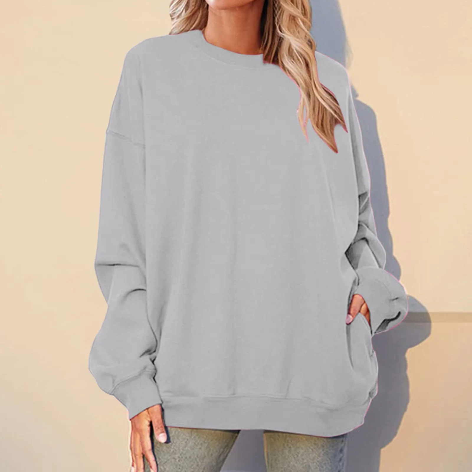 Женский Свитшот с карманами Однотонный Длинный Модный С круглым вырезом Флис Свободный Мягкий Аниме Дизайн, фото №4
