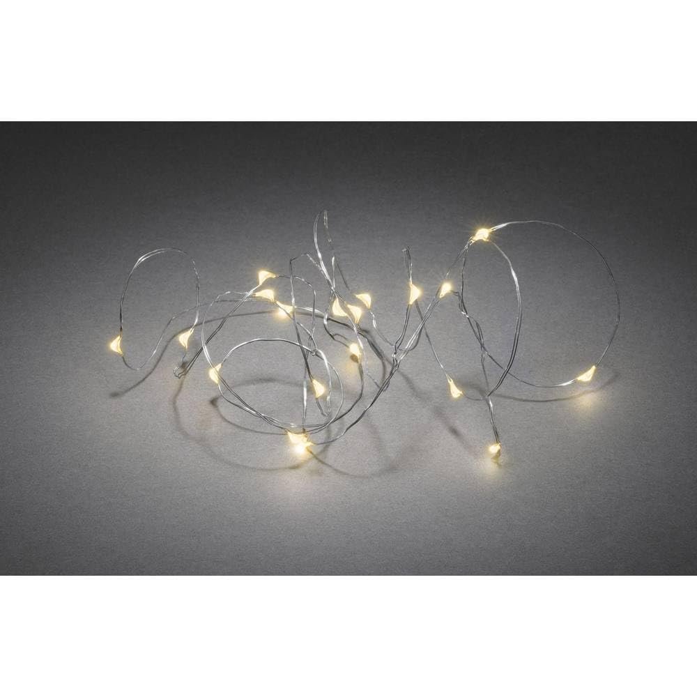 Гірлянда Konstsmide Micro LED Pin Wire/Naked Wire для дому, живлення від батарейок 3xAA 1.5В (не в комплекті), таймер на 6 годин (опціонально), 20 бурштинових білих діодів, срібний дріт, фото №1