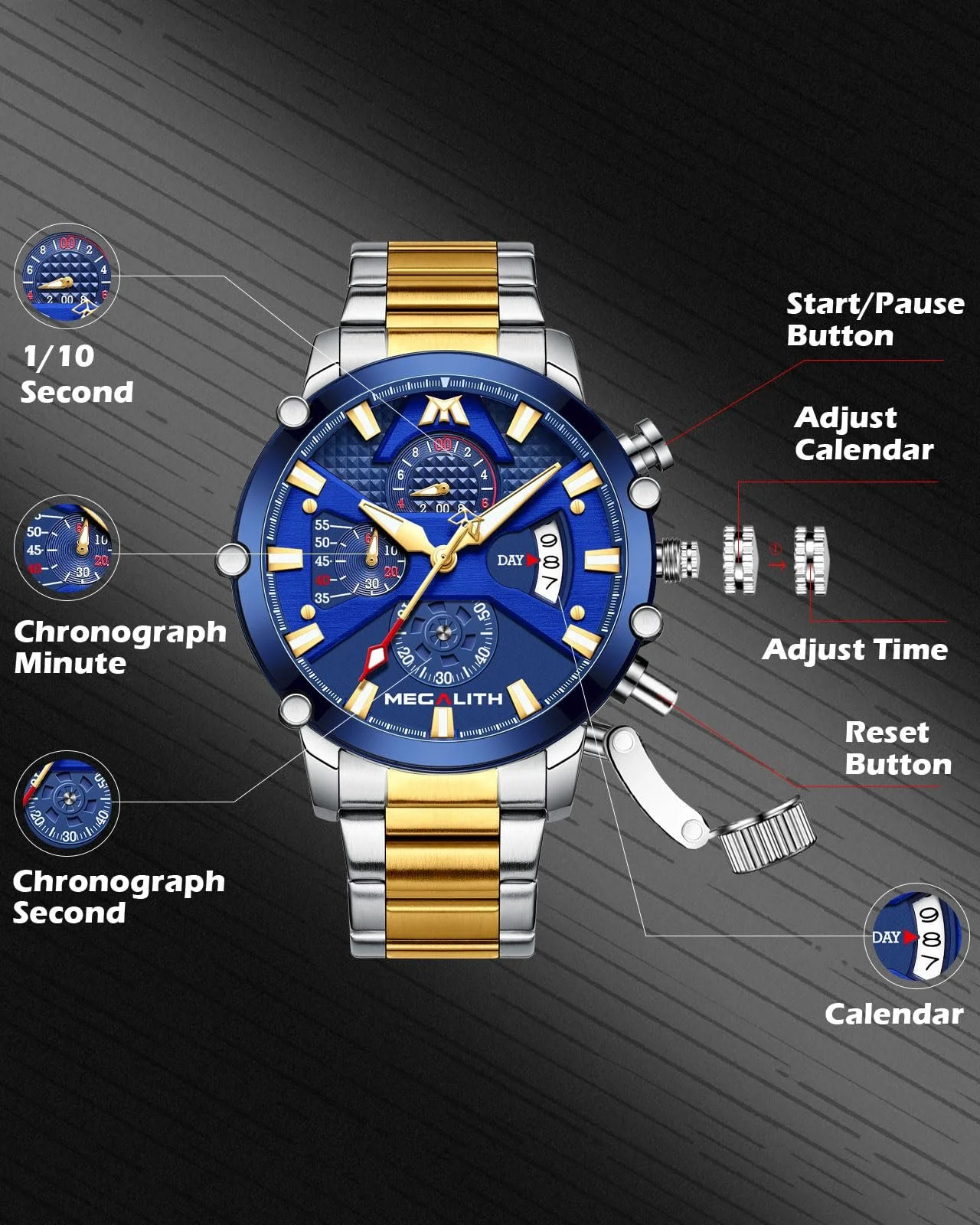 Чоловічий годинник-хронограф MEGALITH з великим циферблатом, аналоговий, водонепроникний, фото №3 Чоловічий годинник-хронограф MEGALITH з великим циферблатом, аналоговий, водонепроникний, фото №3