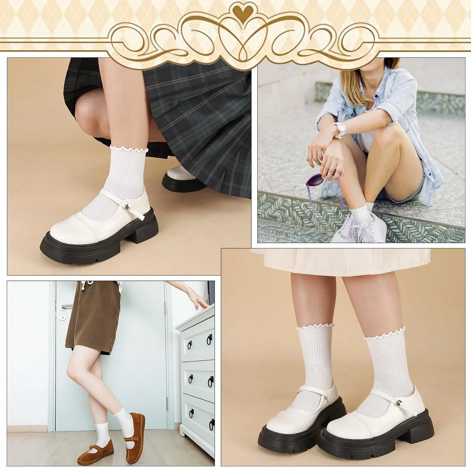 Носки с рюшами, 6 пар, хлопковые носки с рюшами, мягкие дышащие носки, белые, размер 35-39, фото №7