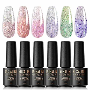 Гель-лак ROSALIND Glitter, набір з 6 міні термо гель-лаків для нігтів - Фото 1