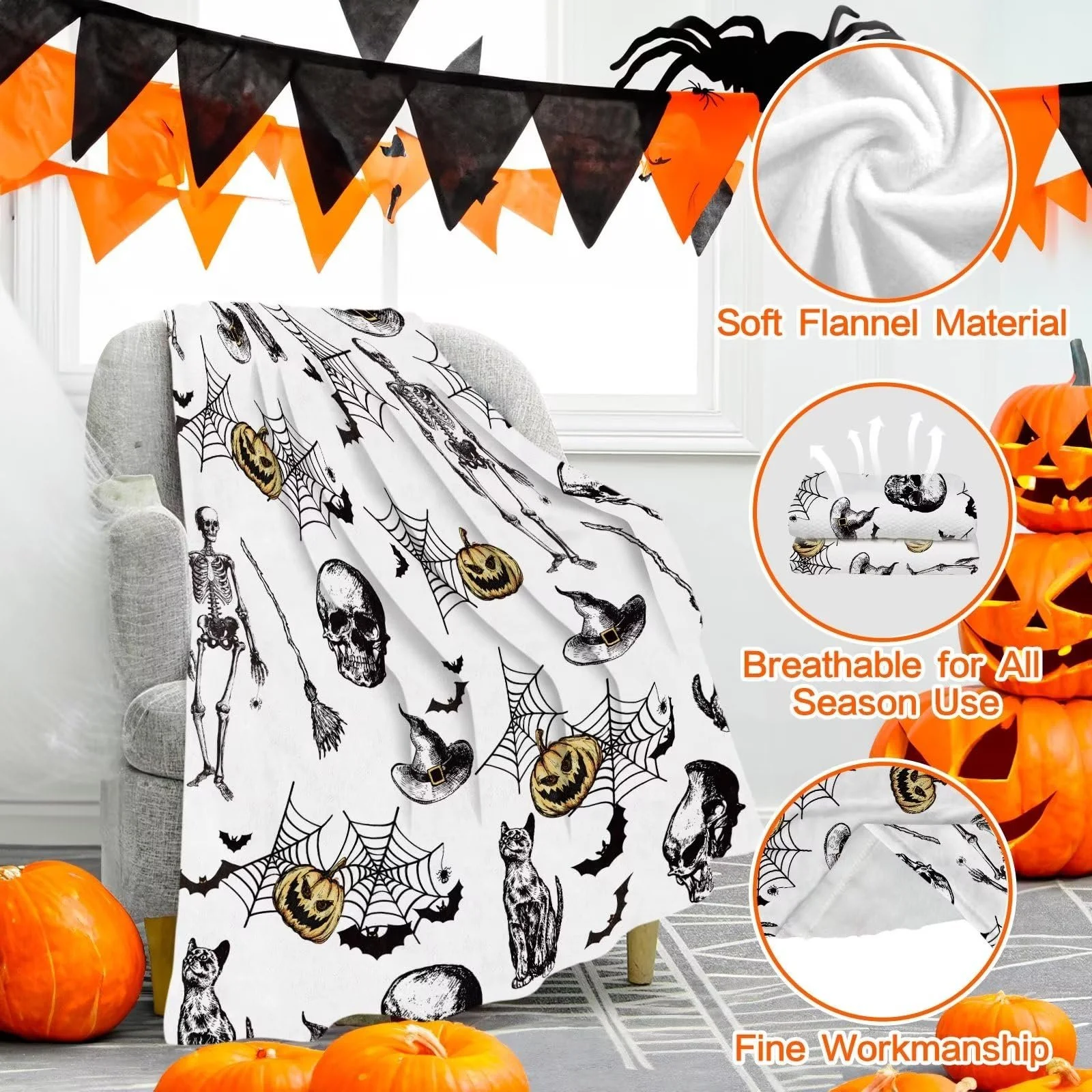 Одеяло KEPMOV Halloween, фланелевое, с принтом черепа, ведьмы, паутины, тыквы, 130 x 150 см, фото №3