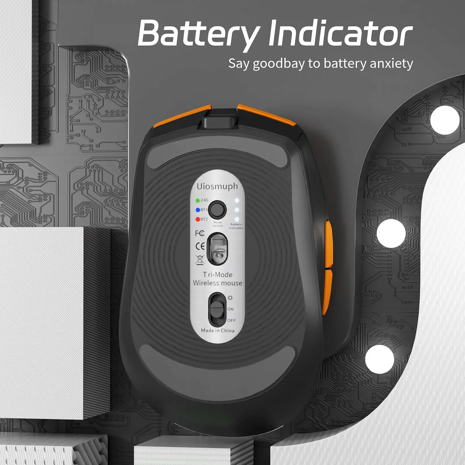 Миша Uiosmuph G19 Bluetooth, бездротова, світлодіодна (Tri-Mode: BT 5.1/5.0+2.4G), видимий рівень заряду батареї, 1600 DPI, оптична, USB, акумуляторна, фото №6