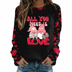 Футболка ко Дню святого Валентина Женский Милый Пуловер с сердечком Свитшот без капюшона Футболки с длинными рукавами Круглый вырез - Фото 1