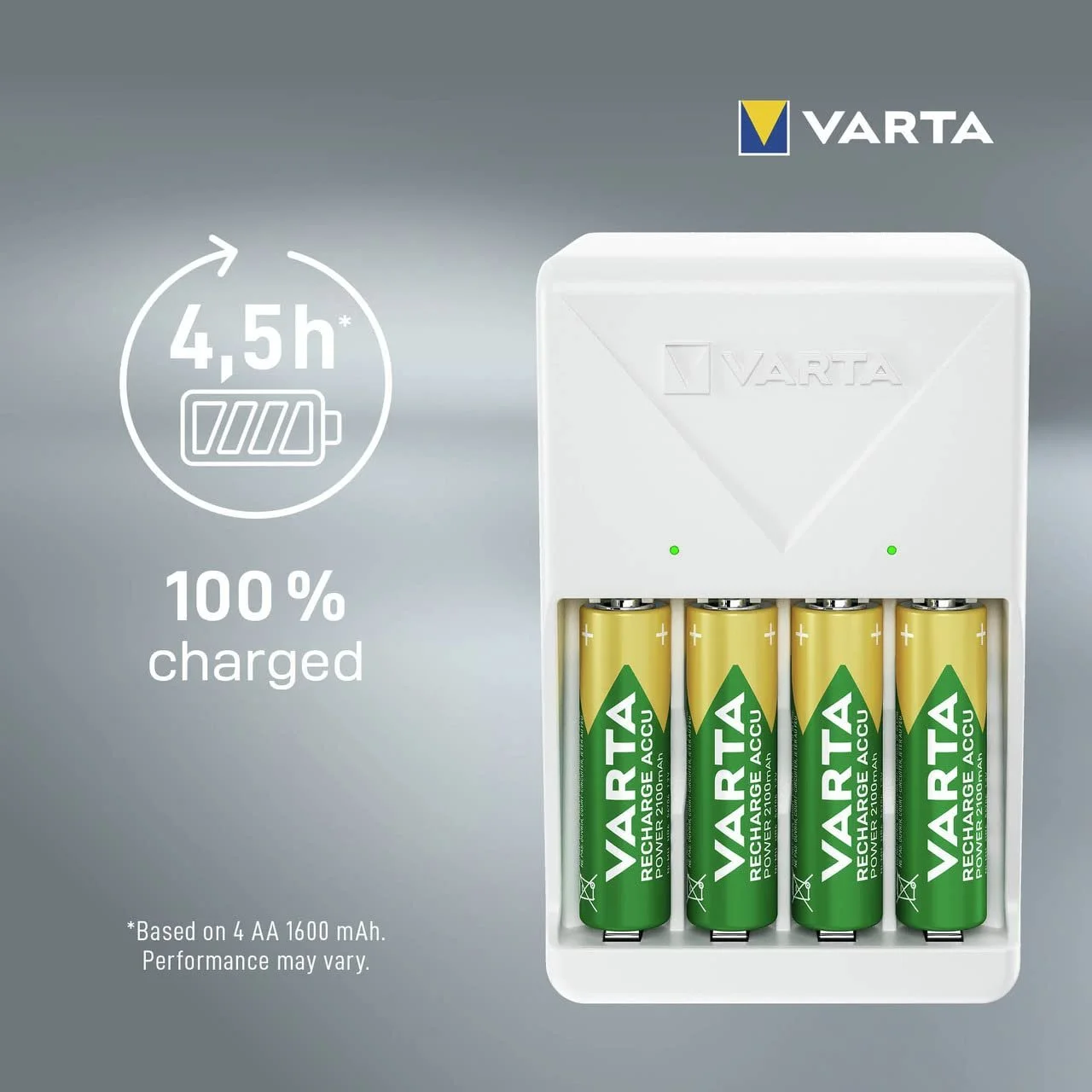 Зарядний пристрій VARTA для акумуляторів, в комплекті 4 x AA 2100 mAh, заряджає 2 або 4 AA/AAA одночасно, штекерний зарядний пристрій, білий, фото №7