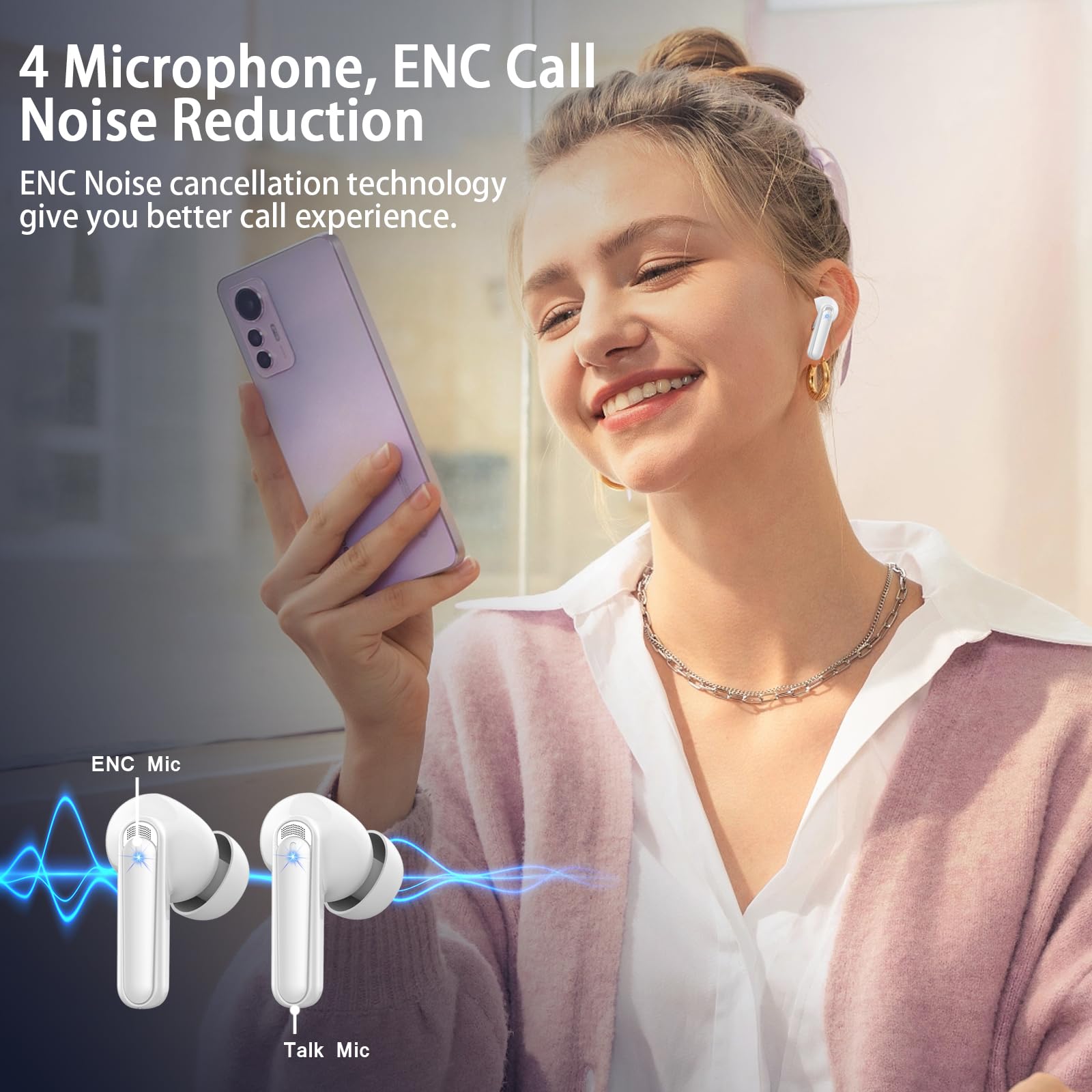 Bluetooth Наушники Модель 2024 Беспроводные Вкладыши с 4 ENC Noise Cancelling Микрофонами 48H Глубокий Бас IP7 Водонепроницаемые с LED Дисплеем USB-C Белые, фото №4