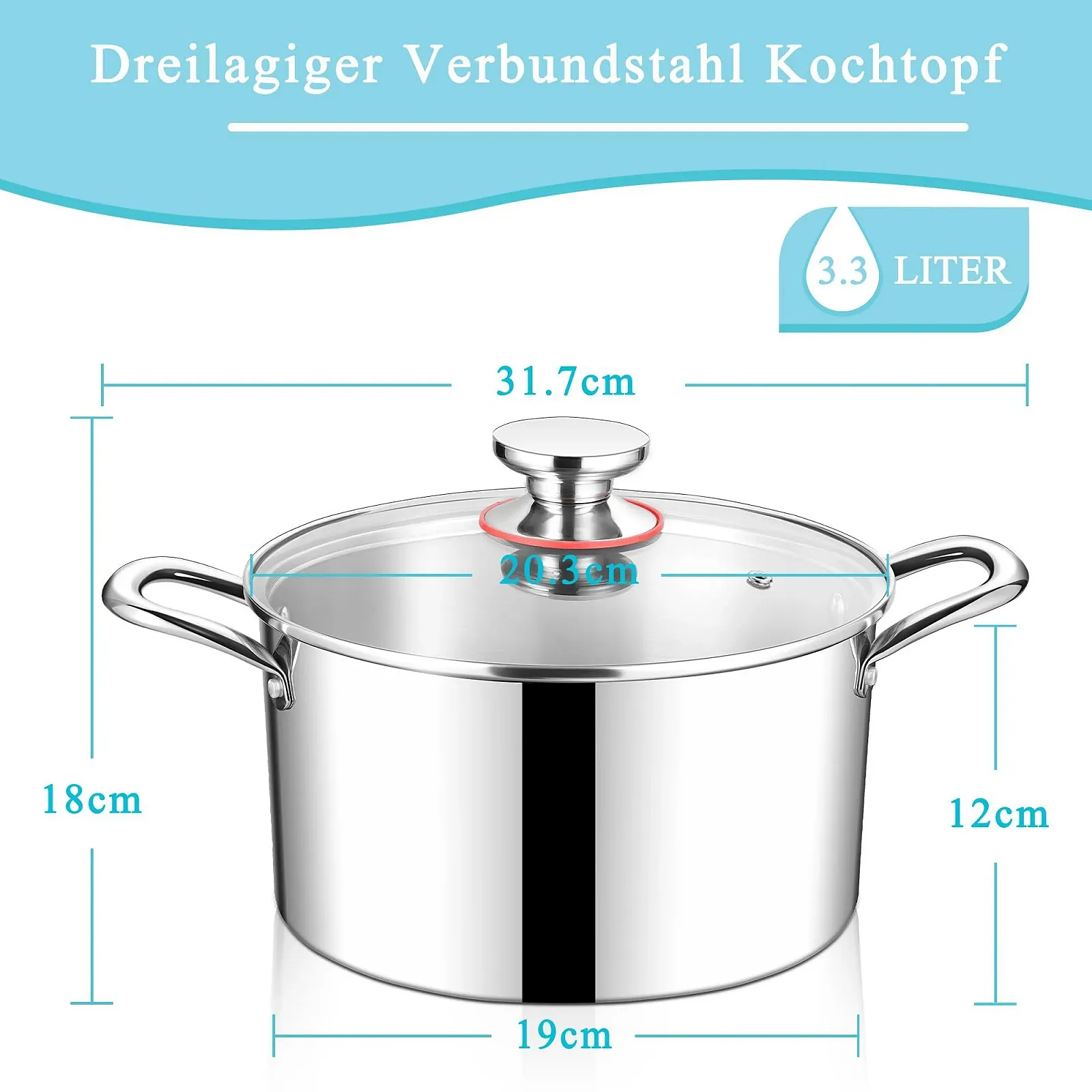 Кастрюля HaWare 20 см Индукционная из 3-слойной нержавеющей стали, фото №2