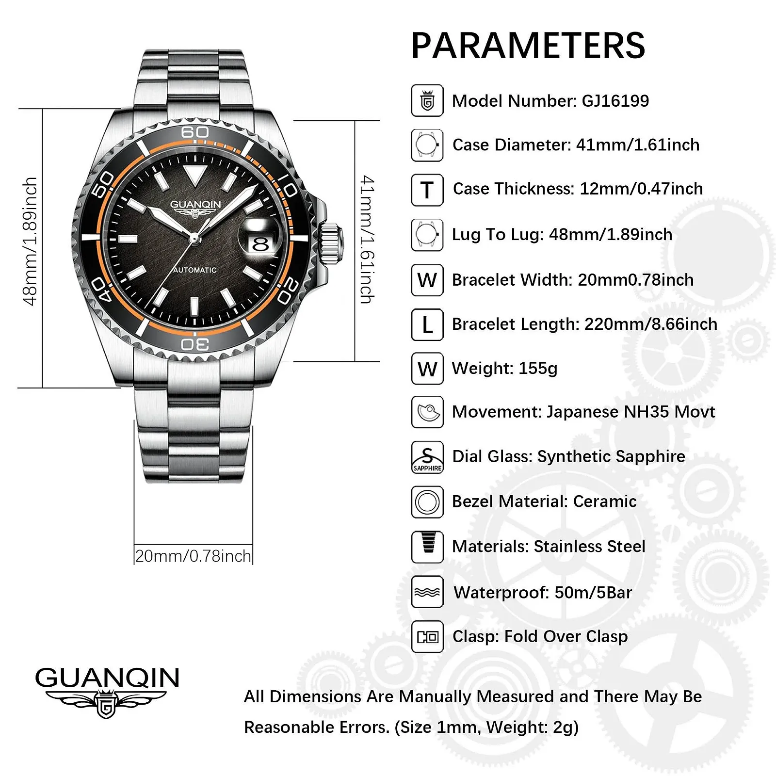 Автоматичний годинник GUANQIN 41 мм, нержавіюча сталь, водонепроникний, механічний, фото №7