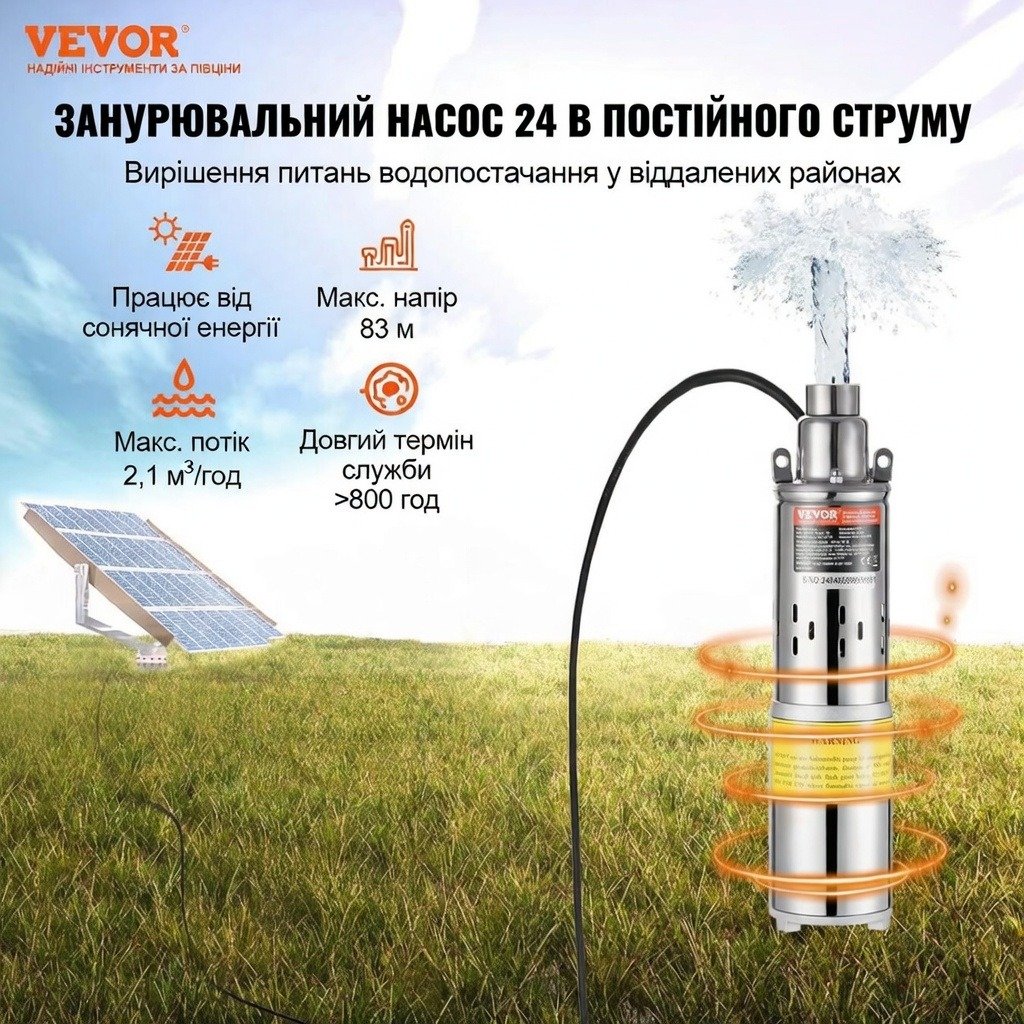 Глибинний водяний насос VEVOR 24В 227Вт Срібний, фото №2 Глибинний водяний насос VEVOR 24В 227Вт Срібний, фото №2