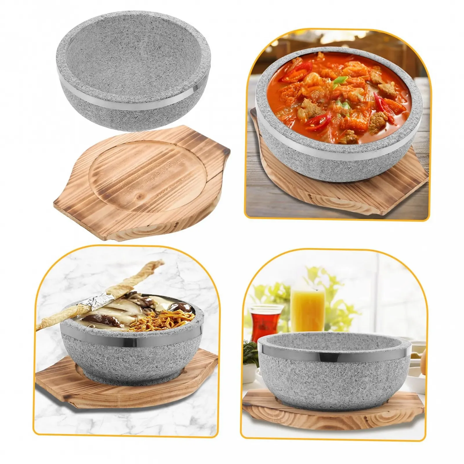 Горшок каменный с деревянной подставкой для бибимбапа большой жаропрочный, фото №9