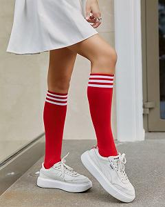 Красные демисезонные гольфы ниже колена с белыми полосками для девушки synthetic.ua - Фото 1