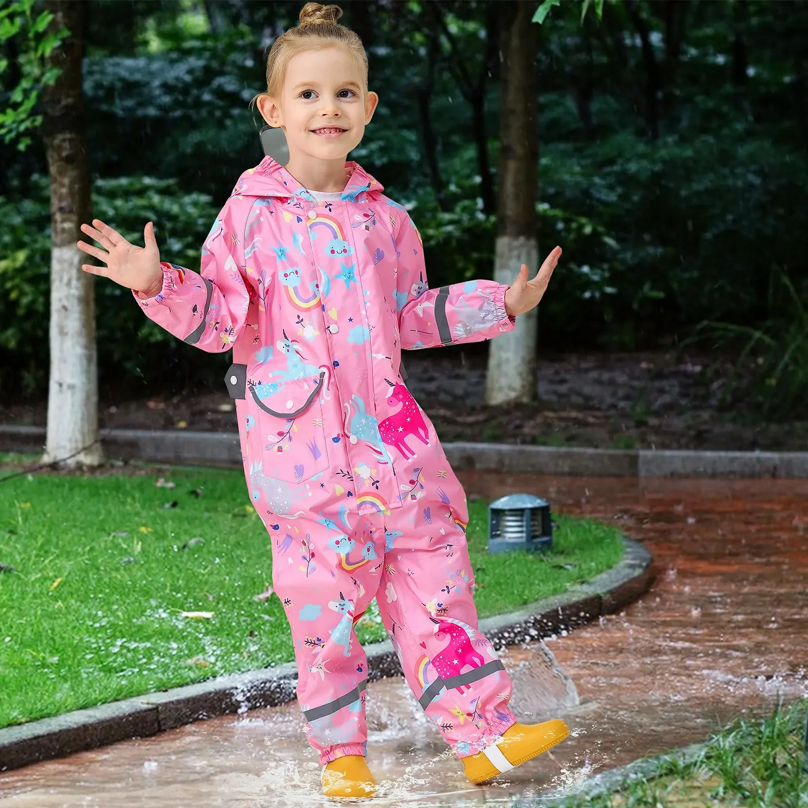 Дождевик детский для девочек Domueay, Водонепроницаемый, Дышащий, с Капюшоном, Цельный, Легкий Комбинезон для Защиты от Грязи, Дождевик для Малышей 1-9 лет, фото №3