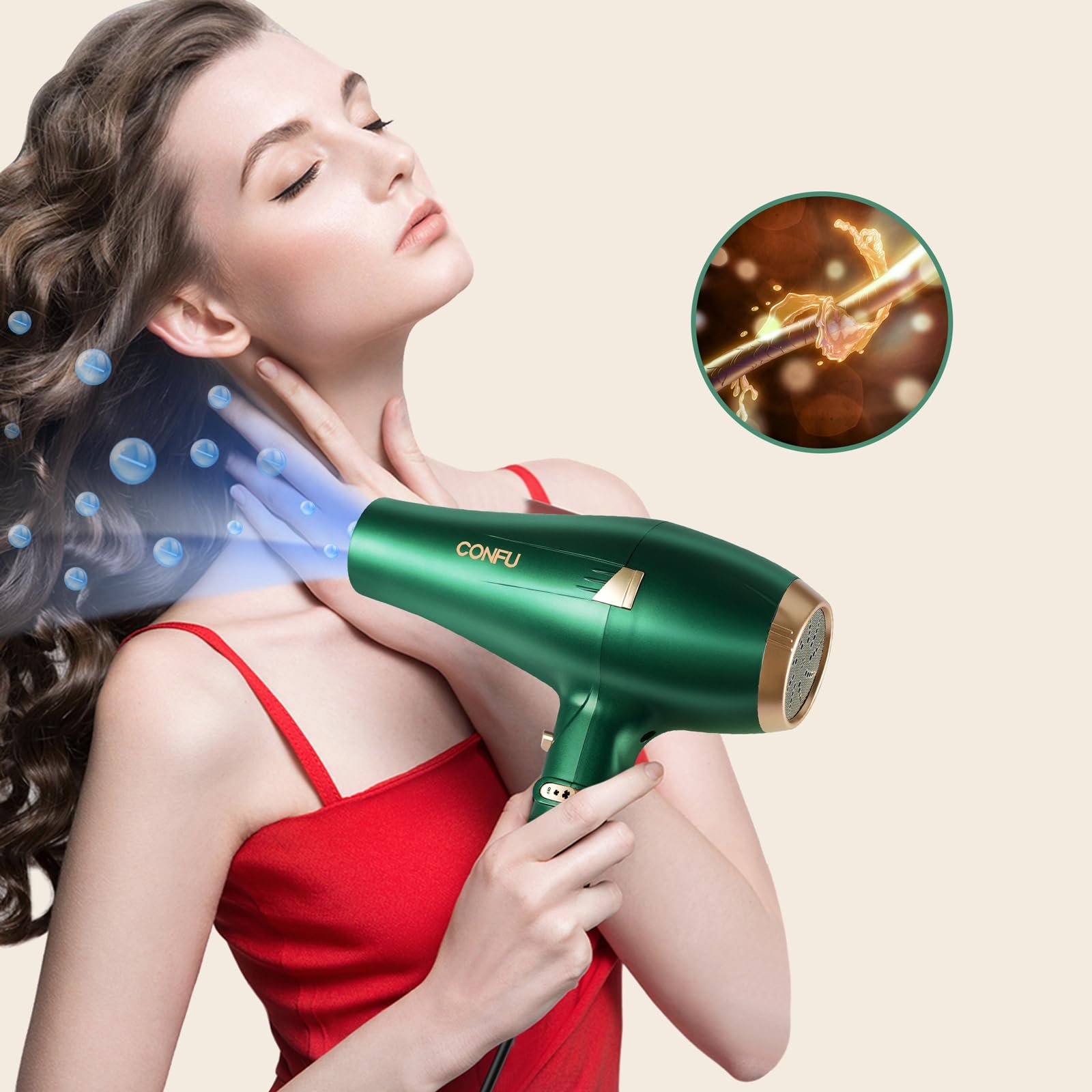 Фен CONFU Professional Ion, 2400 Вт, 2 швидкості, 3 режими нагріву, зелений, фото №6