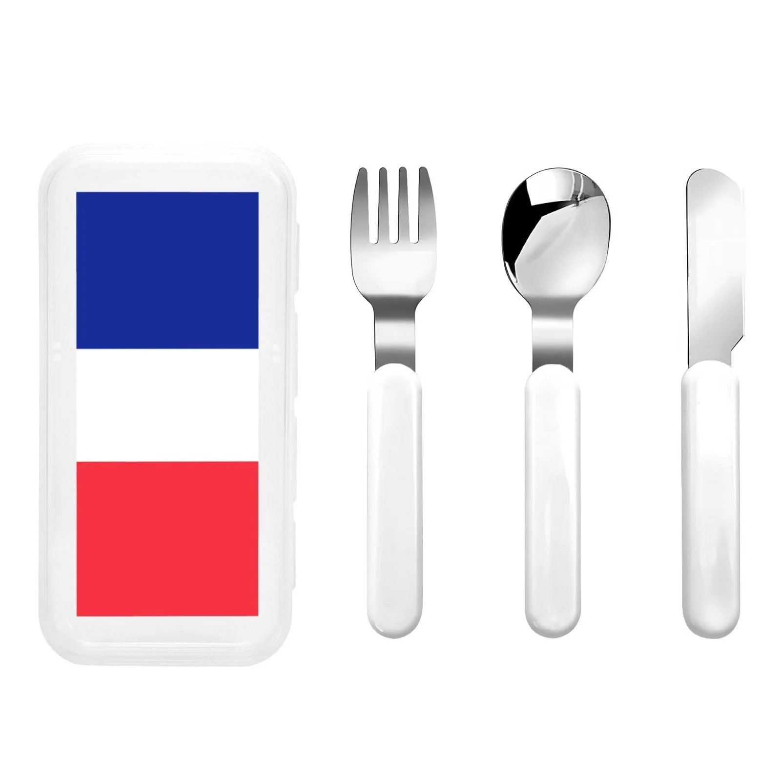 Дитячий набір столових приборів з трьох предметів з принтом французького прапора, фото №1 Дитячий набір столових приборів з трьох предметів з принтом французького прапора, фото №1
