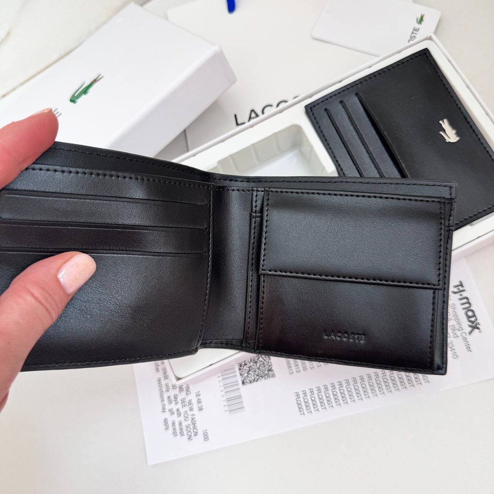 Чоловіче брендовий гаманець із натуральної шкіри Lacoste чорний в подарунковій коробці з картхолдером, фото №7