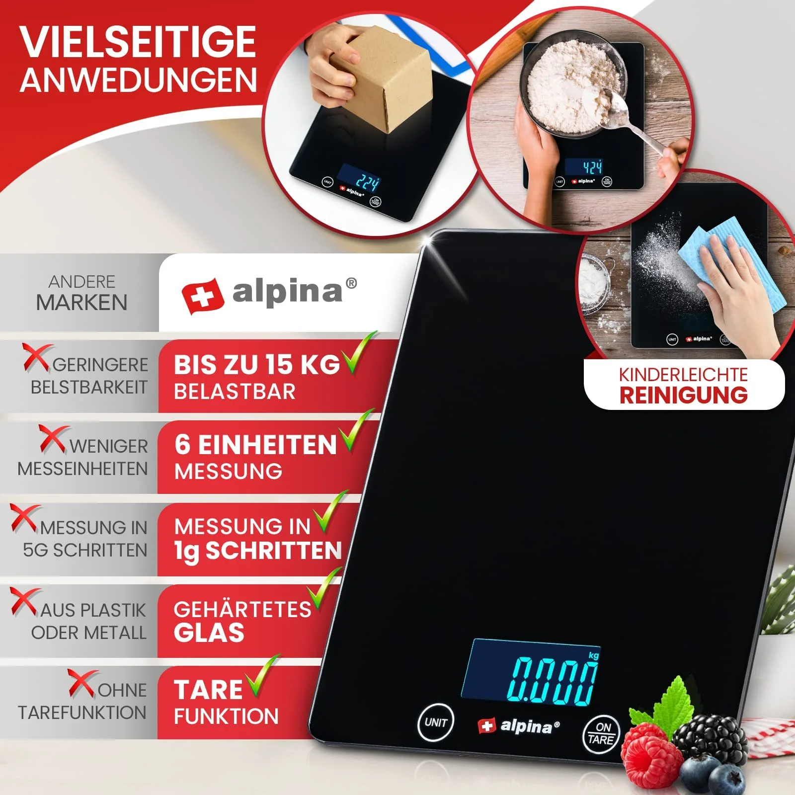 Кухонні ваги цифрові alpina до 15 кг із загартованого скла Чорні, фото №6 Кухонні ваги цифрові alpina до 15 кг із загартованого скла Чорні, фото №6