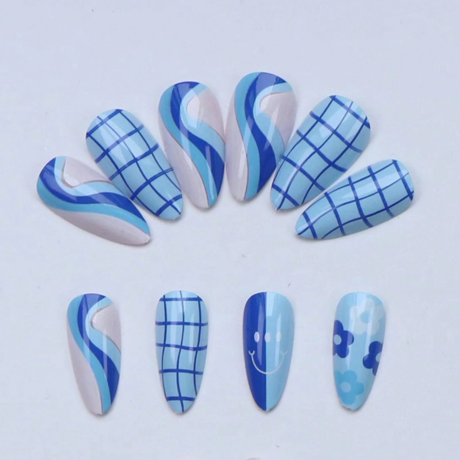 Накладные ногти GlamRays Blue Long Almond 24 шт. с цветами и сердечками, фото №6