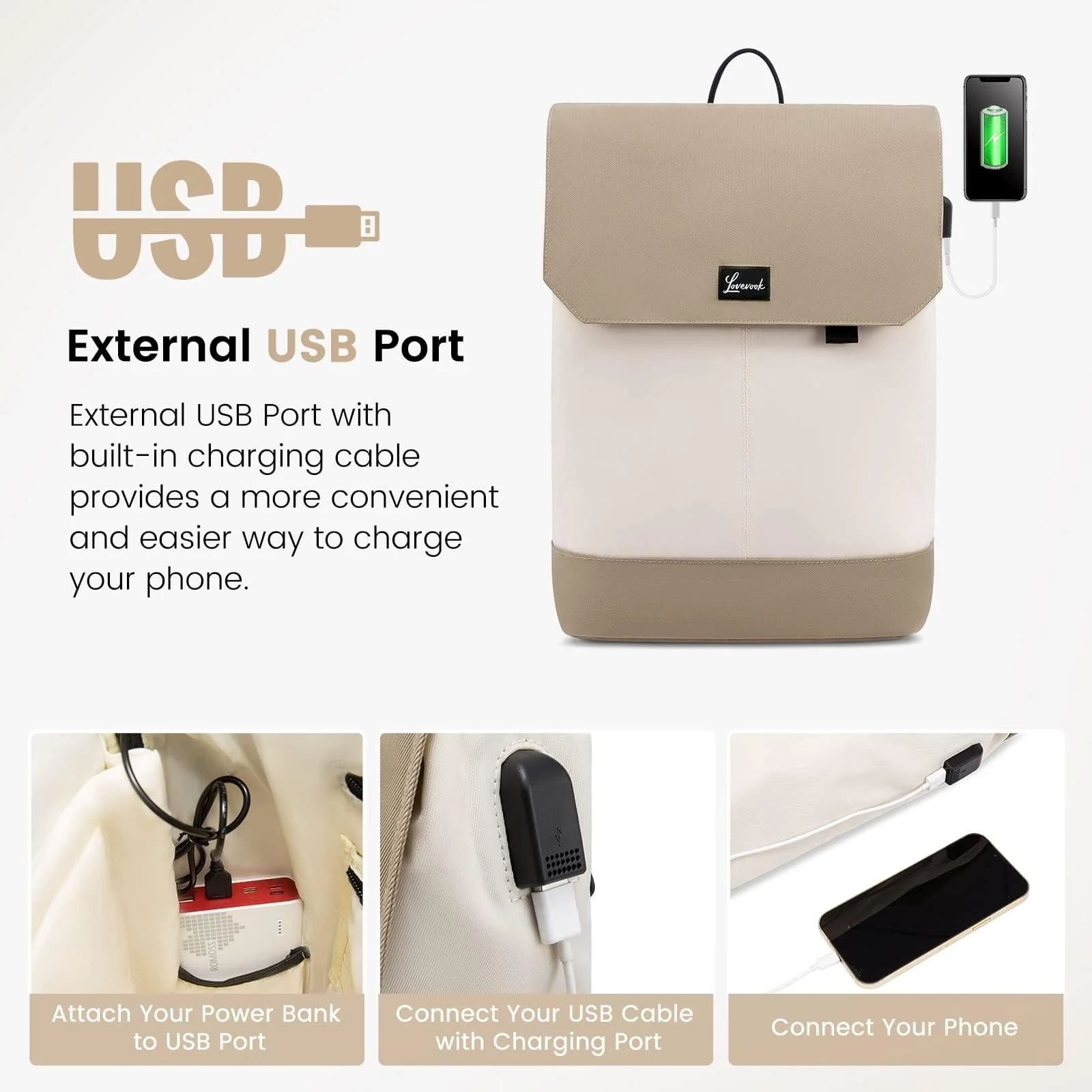 Рюкзак для ноутбука LOVEVOOK 17 дюймів з USB портом Хакі бежевий, фото №4 Рюкзак для ноутбука LOVEVOOK 17 дюймів з USB портом Хакі бежевий, фото №4