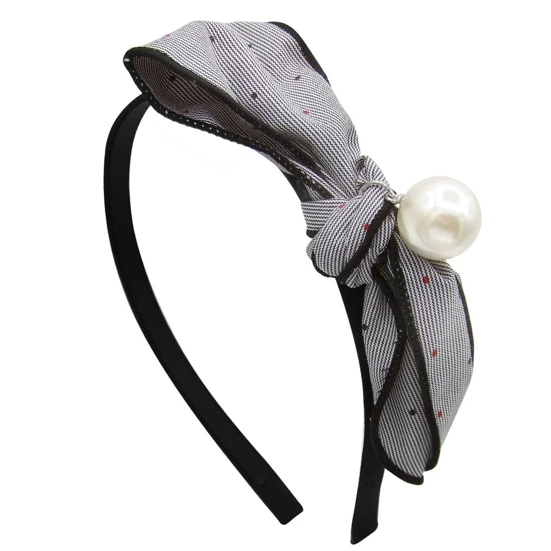 Обруч для волосся з бантом у горошок і перлиною, чорний, фото №1