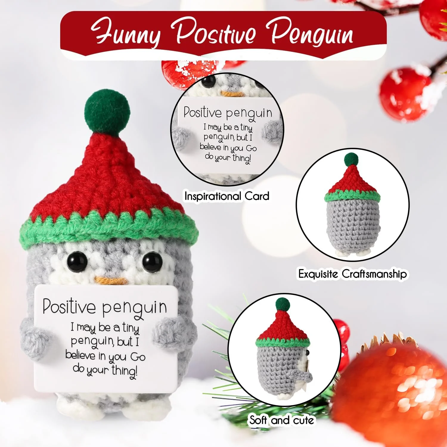 Игрушка TOYMIS Вязаный крючком Позитивный Пингвин в Рождественской Шапке Красный, фото №3