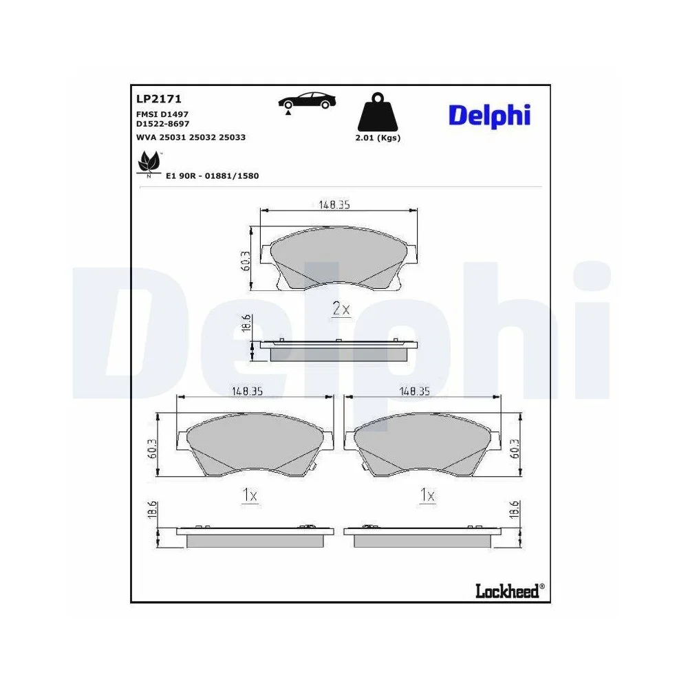 Комплект тормозных колодок, дисковый тормоз DELPHI LP2171 для OPEL VAUXHALL CHEVROLET, фото №1