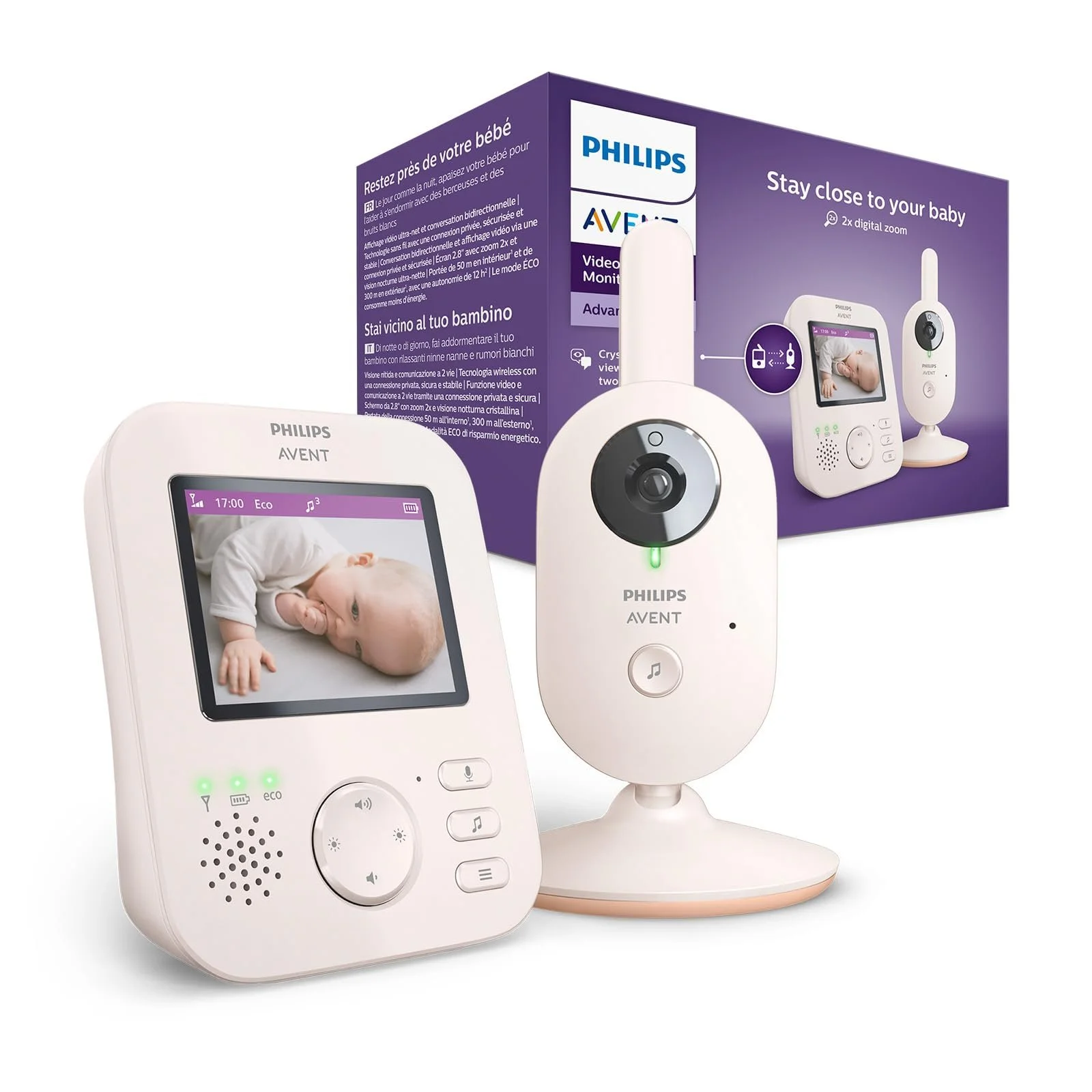 Відеоняня Philips Avent Advanced SCD881/26 2.8 дюйма 2x Zoom Нічне бачення 2-Way Audio Колискові Coral Cream, фото №1