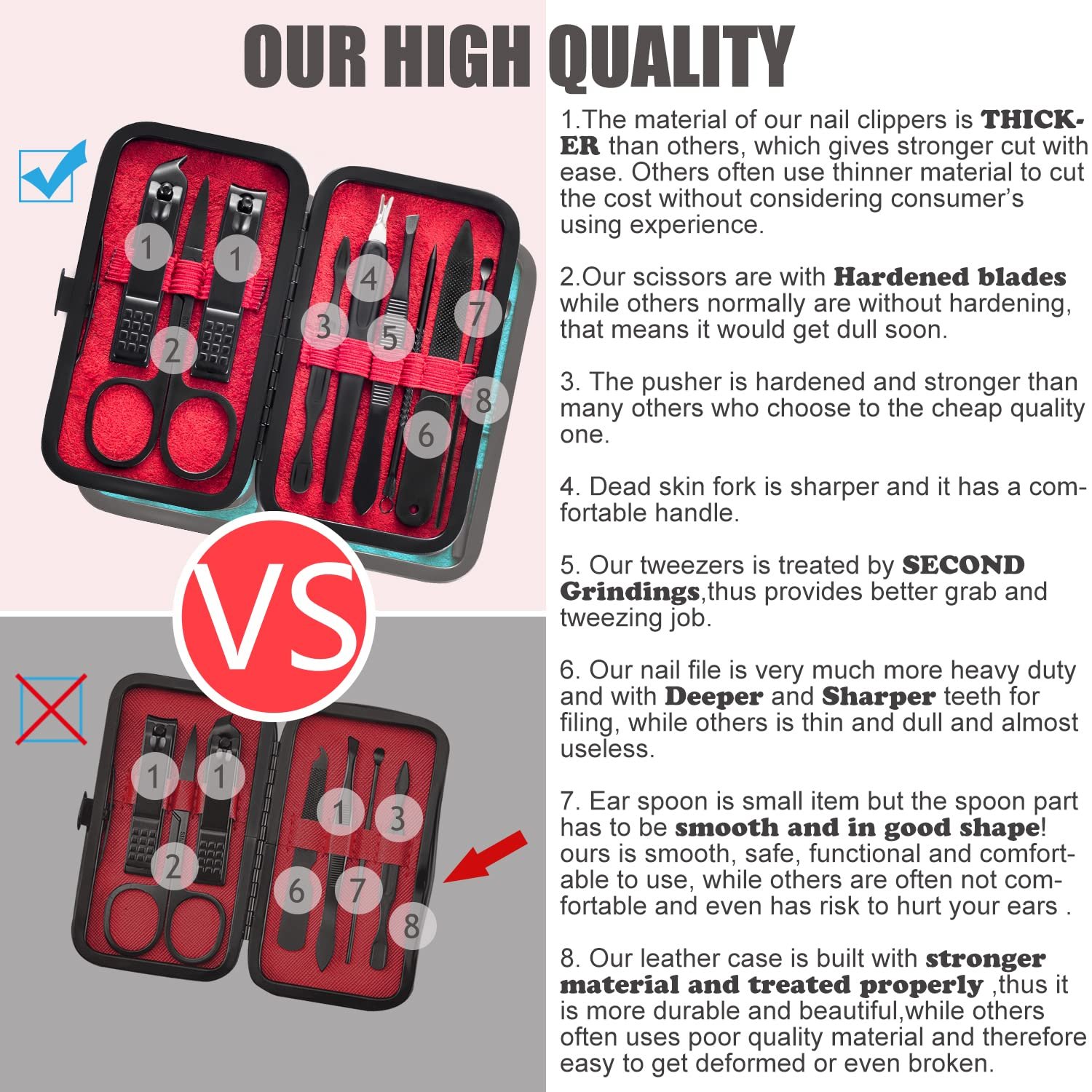 Набір для манікюру 9 в 1 HANTEKAS з нержавіючої сталі, з чорним червоним шкіряним чохлом, фото №3 Набір для манікюру 9 в 1 HANTEKAS з нержавіючої сталі, з чорним червоним шкіряним чохлом, фото №3