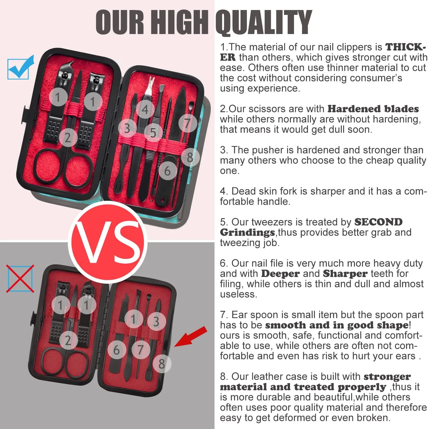 Набір для манікюру 9 в 1 HANTEKAS з нержавіючої сталі, з чорним червоним шкіряним чохлом, фото №3