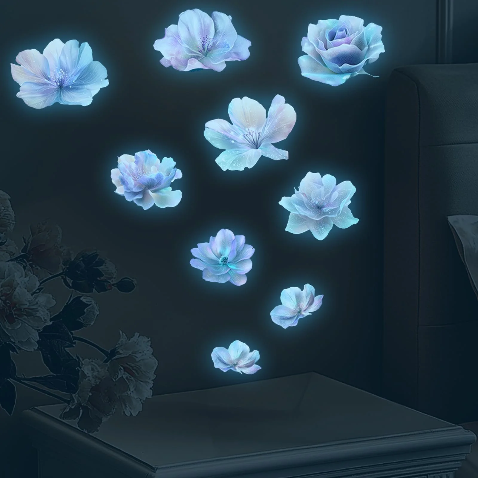 Наклейки на стену Luminous Flowers 9 штук Голубые, фото №1