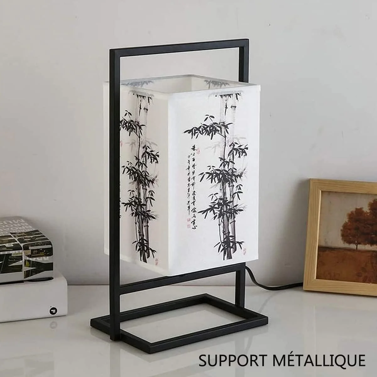 Настільна лампа Japanese японська приліжкова індустріальна з чорною металевою рамою та квадратним тканинним абажуром Регульована яскравість Квітка сливи, фото №5