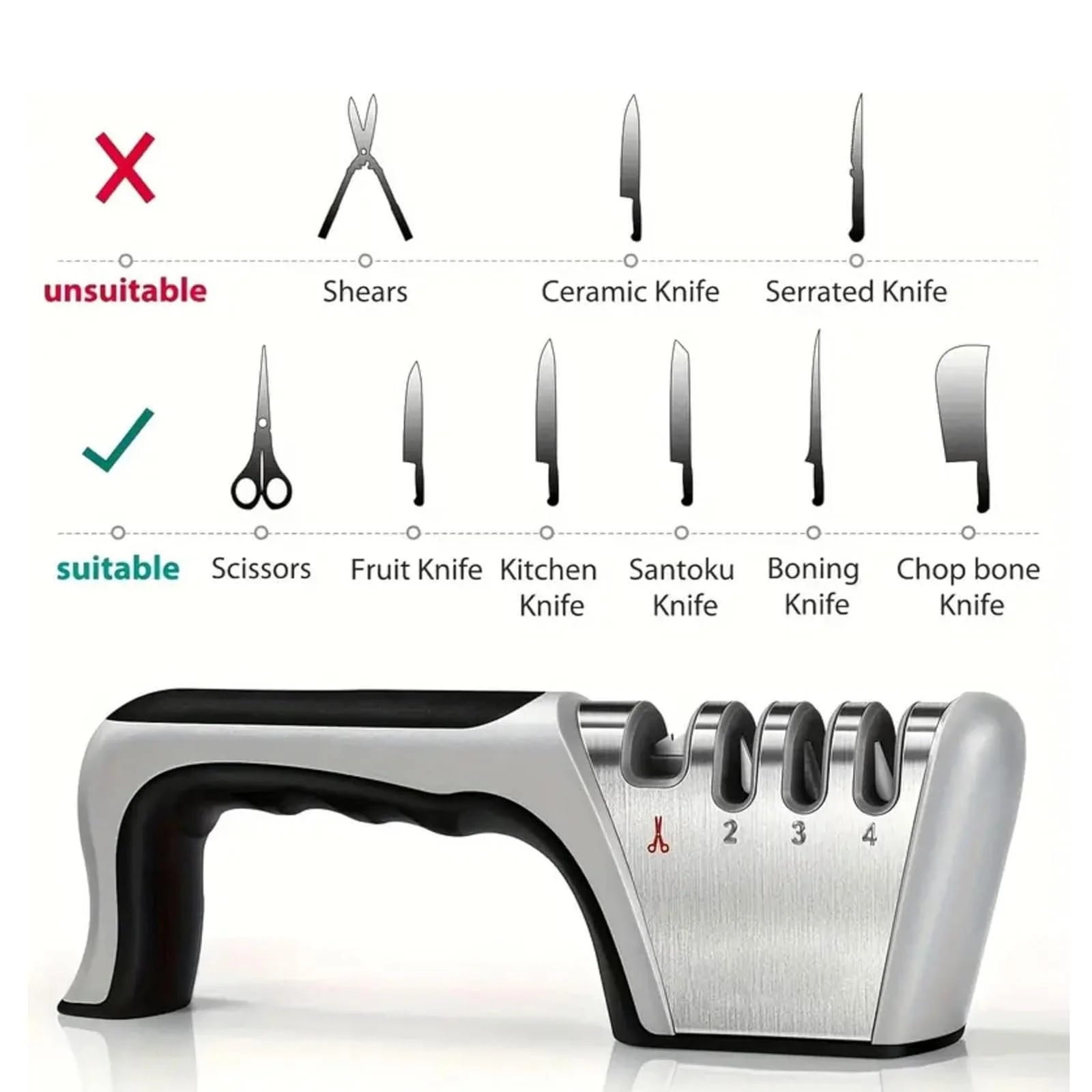 Точило для ножів 4 в 1 Професійна Багатофункціональна Кухонна Чорний Сріблястий, фото №5 Точило для ножів 4 в 1 Професійна Багатофункціональна Кухонна Чорний Сріблястий, фото №5