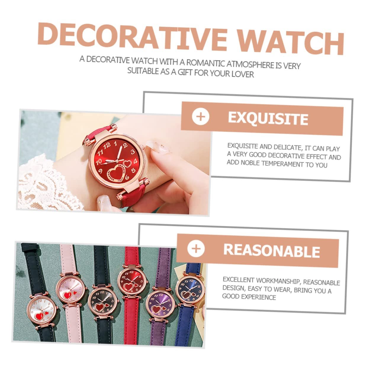 Часы женские PartyKindom с матовым кожаным ремешком, декоративным дизайном в форме персикового сердца, фото №5