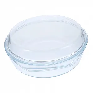 Форма для запекания стеклянная круглая с крышкой для микроволновой печи и духовки прозрачная - Фото 1